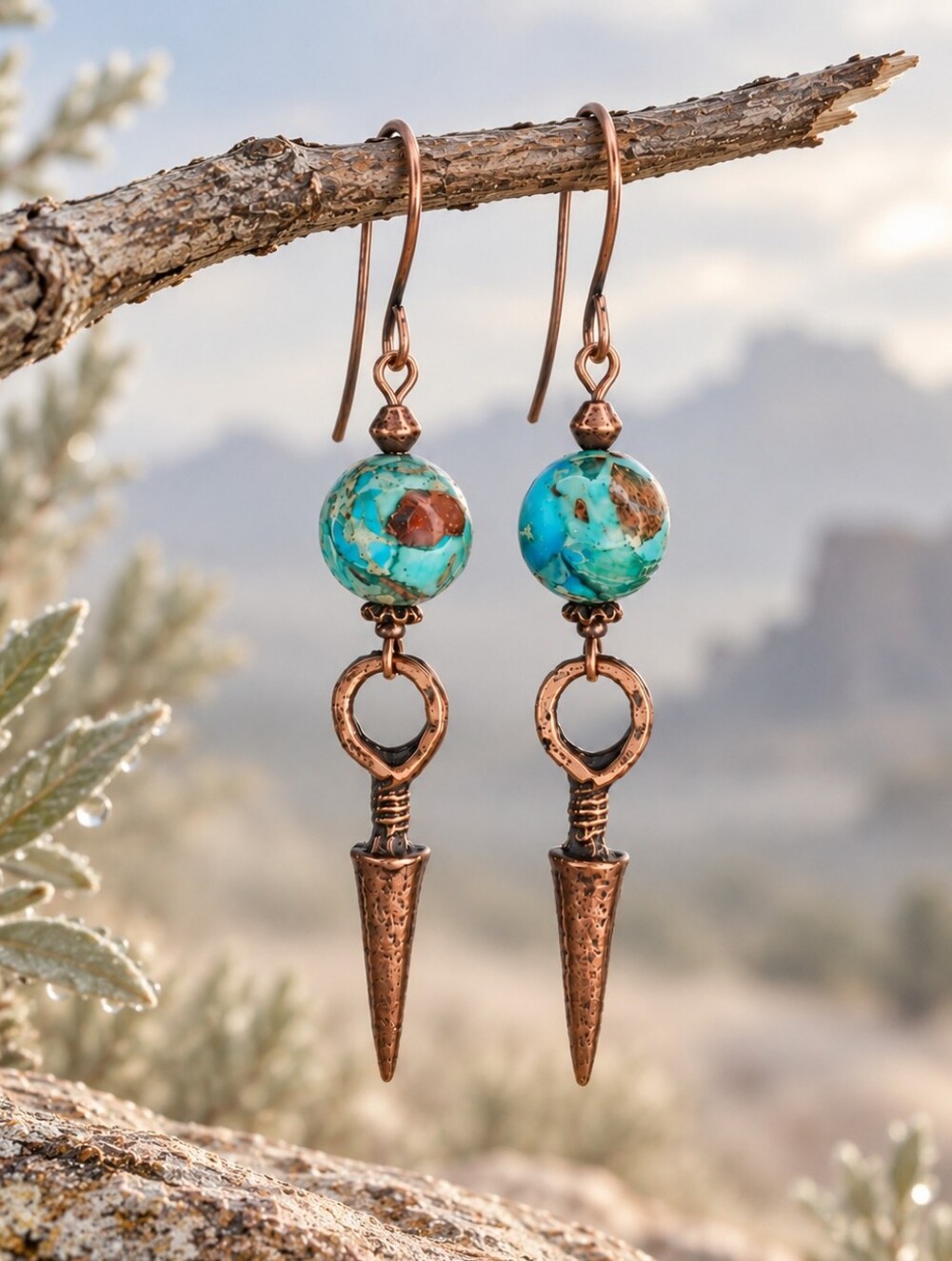 Turquoise Impression Jasper Earrings Weathered Copper Dangles Hand Crafted